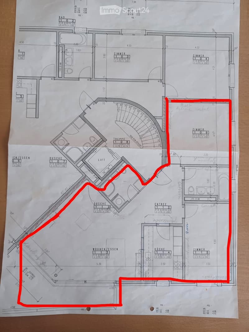 Floor plan of a residential space showing multiple rooms including a kitchen, living/dining area, bedrooms, bathrooms, and a staircase. Dimensions and room labels are visible.
