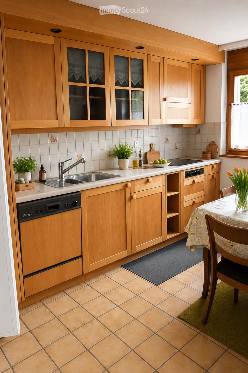 A well-lit kitchen with wooden cabinets, a stainless steel sink, a dishwasher, and a small dining area with a table and chairs. The floor is tiled, and there are potted plants and decorative items on the counter.