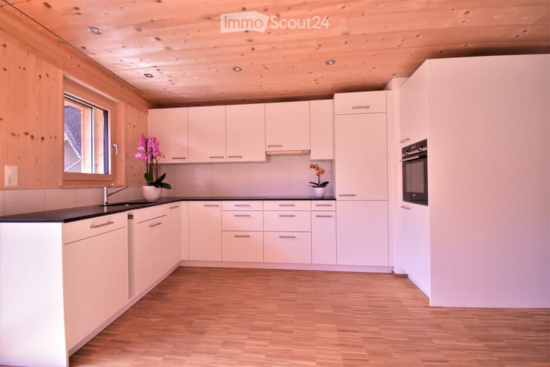 Modern kitchen with white cabinets, wooden ceiling, and wooden floor. Features a sink, faucet, oven, and two flower pots on the counter.