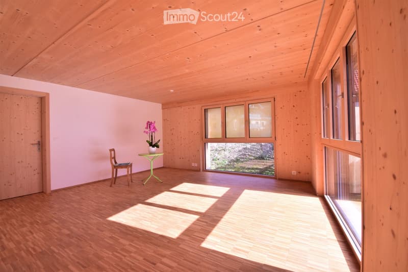 Bright, minimalist room with wooden floors and walls, large windows, a small table with a flower pot, and a single chair.