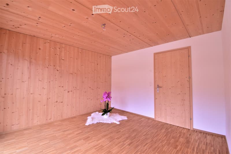 Minimalist room with wooden walls and ceiling, light pink accent wall, wooden floor, white rug, and a single flower pot with purple flowers.