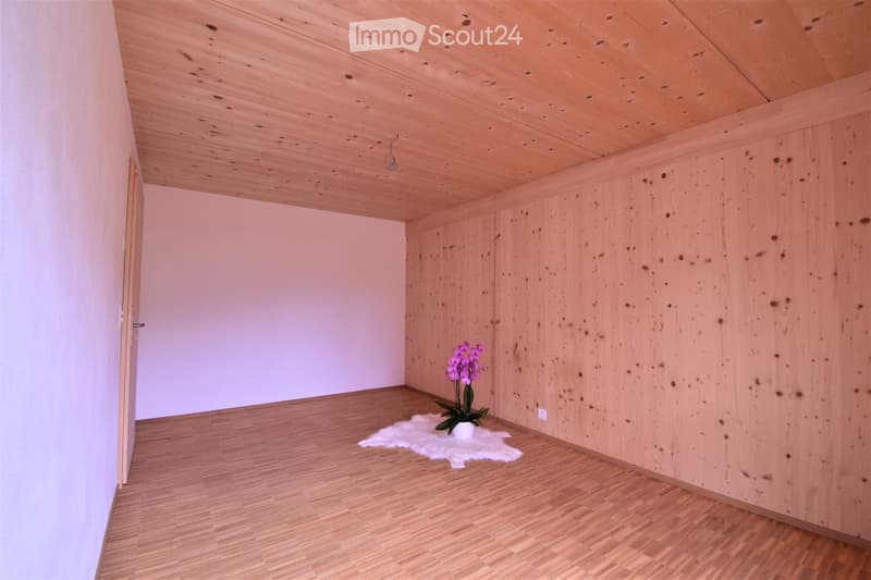 Minimalist unfurnished room with wooden walls and ceiling, light pink accent wall, wooden floor, small white flower pot with purple flowers on a white rug.