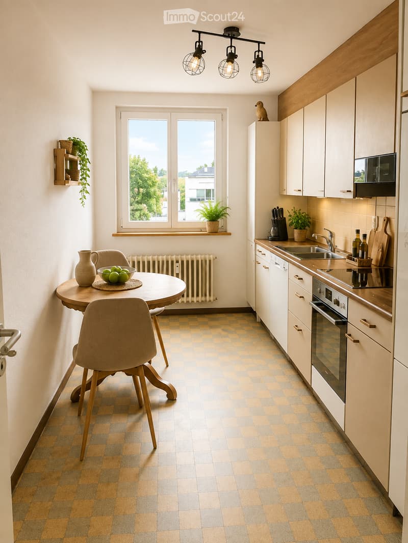 Modern kitchen with white cabinets, wooden countertops, and a round dining table with chairs. Features include a sink, oven, microwave, and various kitchen accessories.