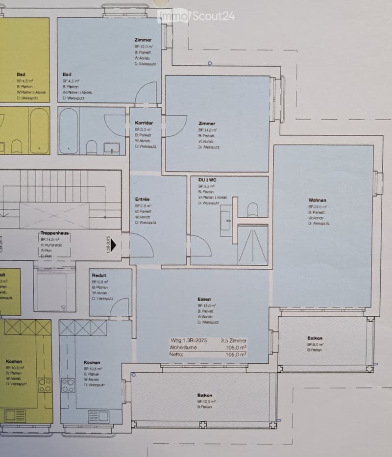 Floor plan of a multi-room apartment with labeled rooms including two bathrooms, two bedrooms, living area, dining area, kitchen, hallway, entrance, staircase, and balcony.
