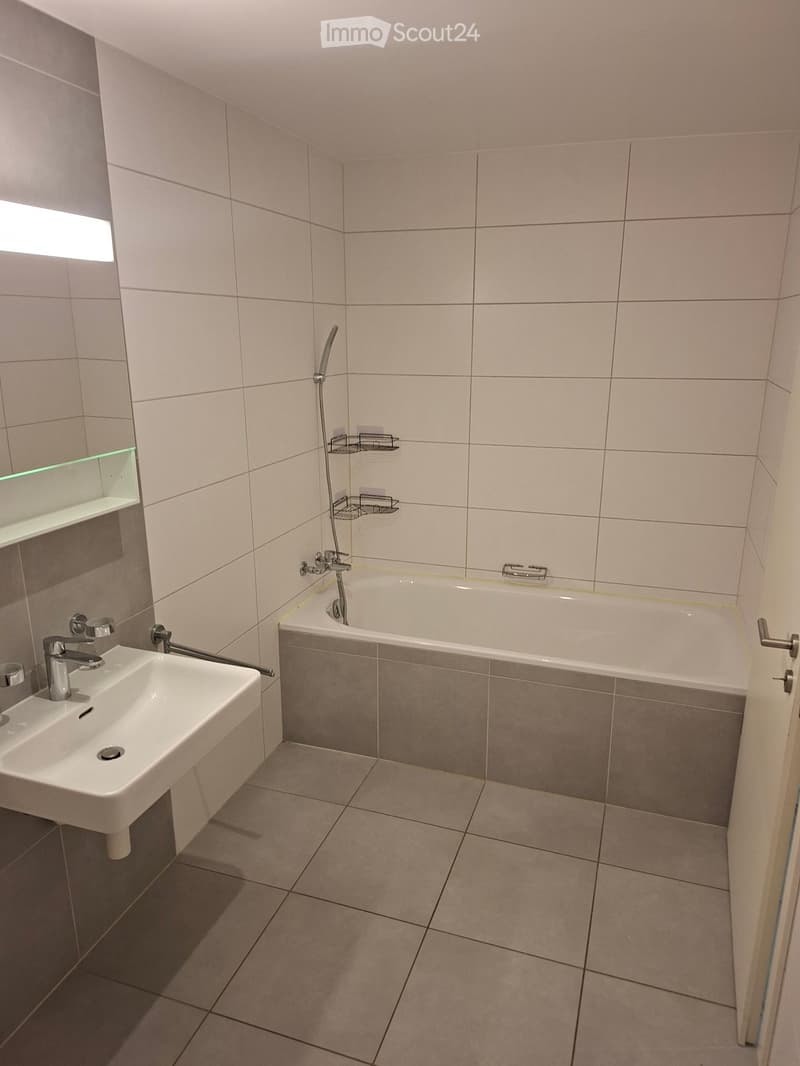 Modern bathroom with a white sink, bathtub, and showerhead. Features tiled walls and floor, a built-in shelf, and a mirror above the sink.