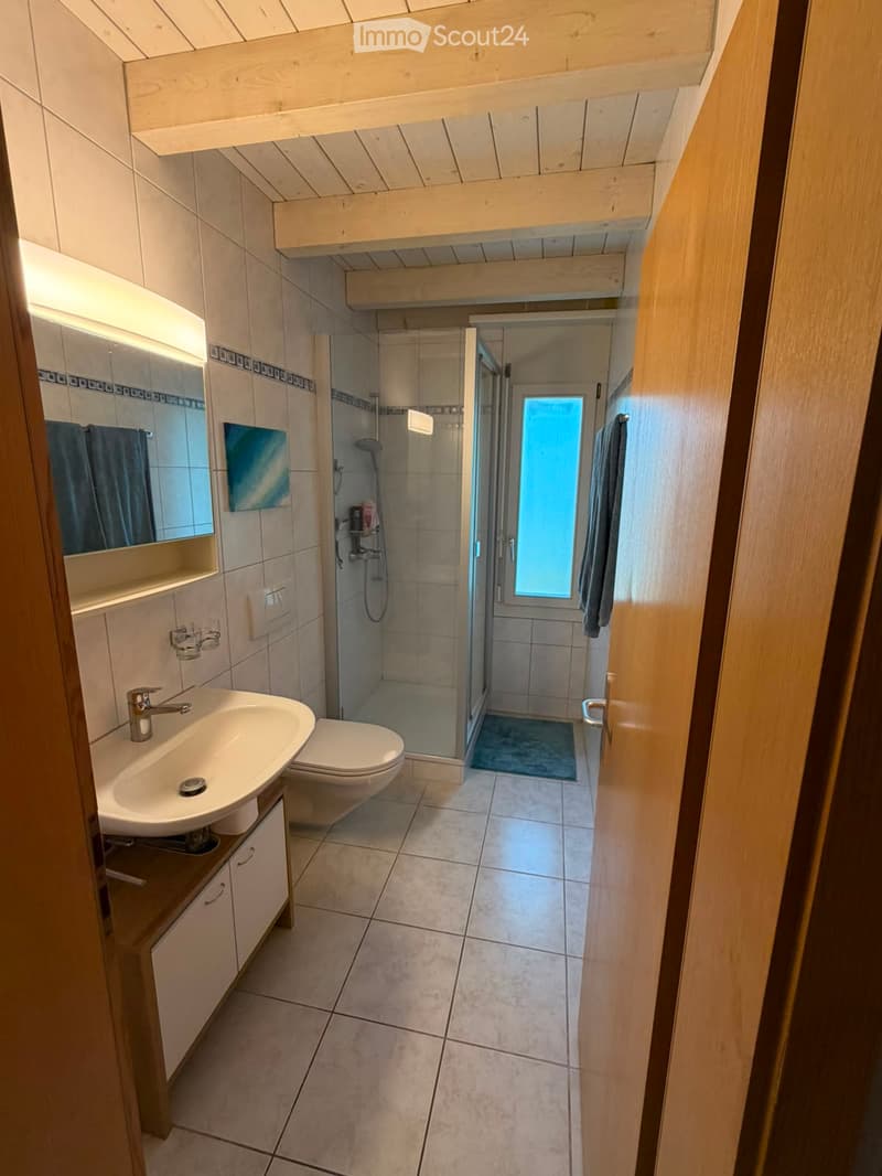 Modern bathroom with a sink, toilet, shower, and a large mirror. The space features tiled walls and a wooden ceiling.