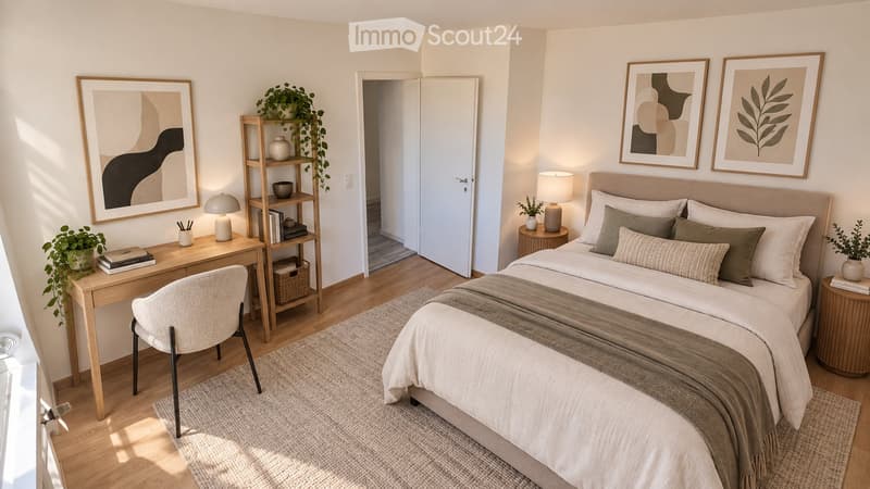 Modern, well-lit bedroom with a large bed, nightstand, desk, chair, shelf, and decorative plants.