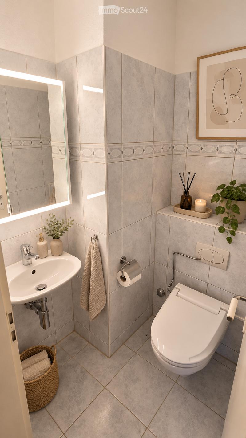 Modern bathroom with a white sink, chrome faucet, toilet, mirror, towel, toilet paper holder, decorative plants, candle, and a woven basket with towels.