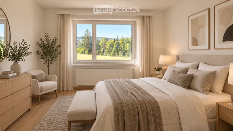 Modern bedroom with a large bed, nightstands, a chair, and a view of a green landscape through large windows.