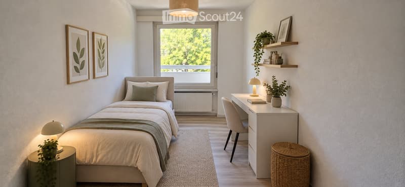 Cozy bedroom with a single bed, nightstand, desk, chair, and decorative plants. Large window with a view of greenery.
