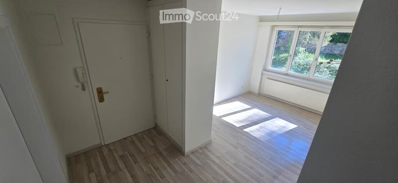 Empty room with wooden flooring, white walls, and a large window with a view of greenery. No furniture or equipment present.