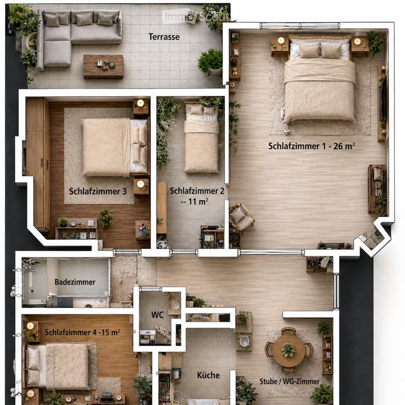 Floor plan of a modern apartment with four bedrooms, a living room, a kitchen, a bathroom, and a WC. Includes a terrace and several potted plants.