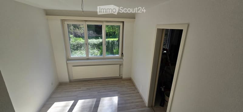 Empty room with wooden flooring, white walls, large window with view of greenery, radiator below window, and an open doorway leading to another space.