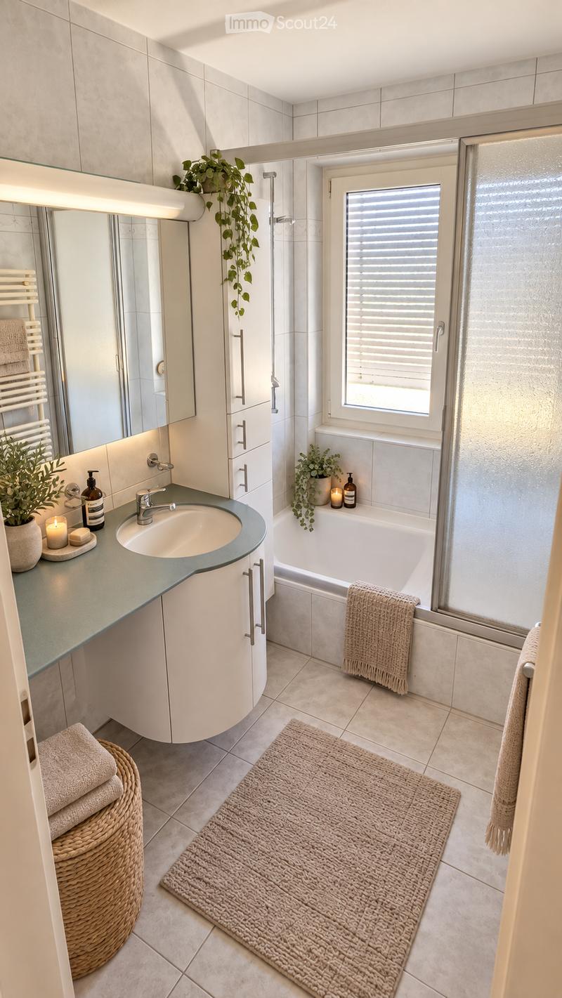 Modern bathroom with a white tiled wall, a sink with a countertop, a bathtub, a mirror, and a window with blinds. The space includes a woven basket with towels, a small rug, and decorative plants.