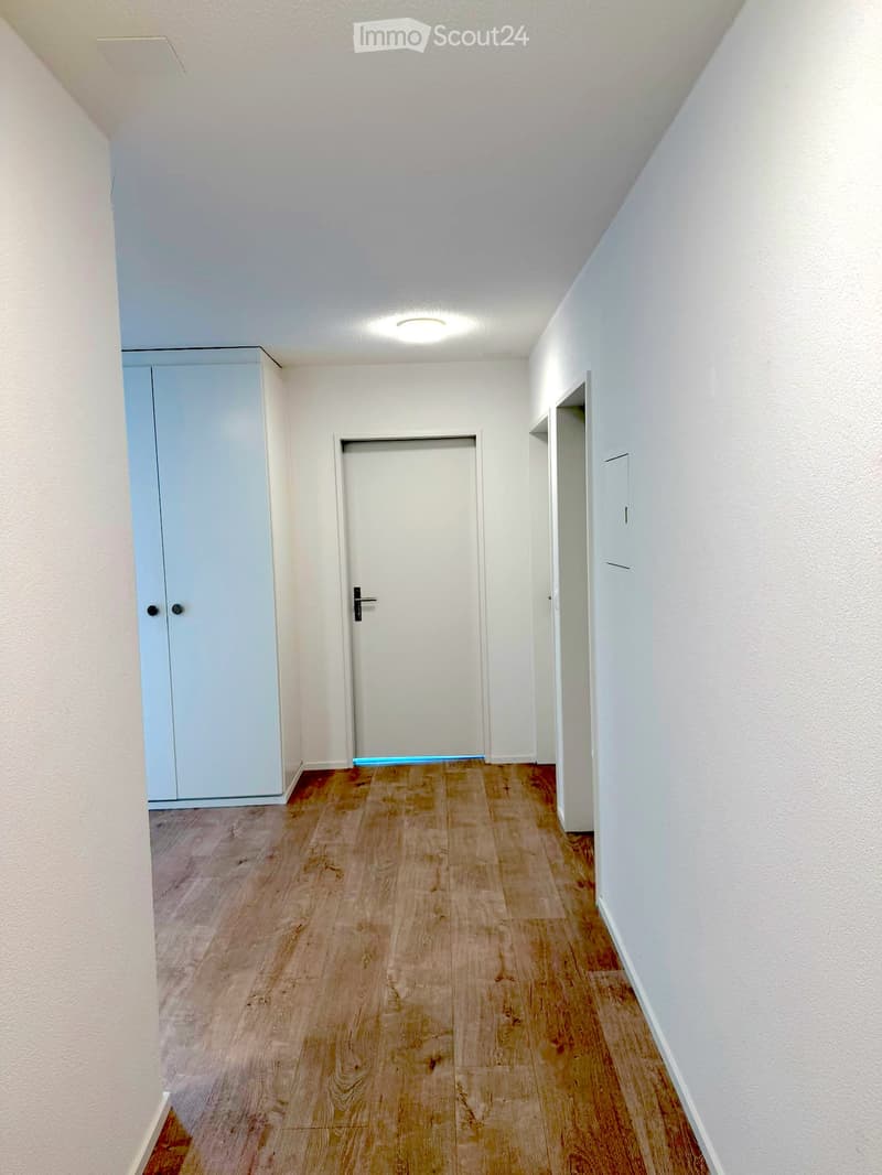 Empty hallway with light wooden flooring, white walls, and a closed door at the end.