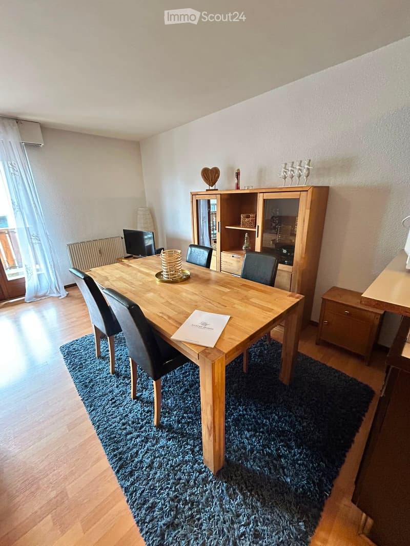 Dining room with wooden table, four chairs, a cabinet, a screen, and a lamp. The room has wooden flooring and a blue shag rug.