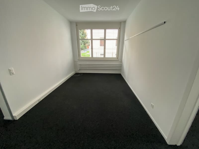 Empty room with white walls, dark carpet, large window with blinds, radiator, and electrical outlets.