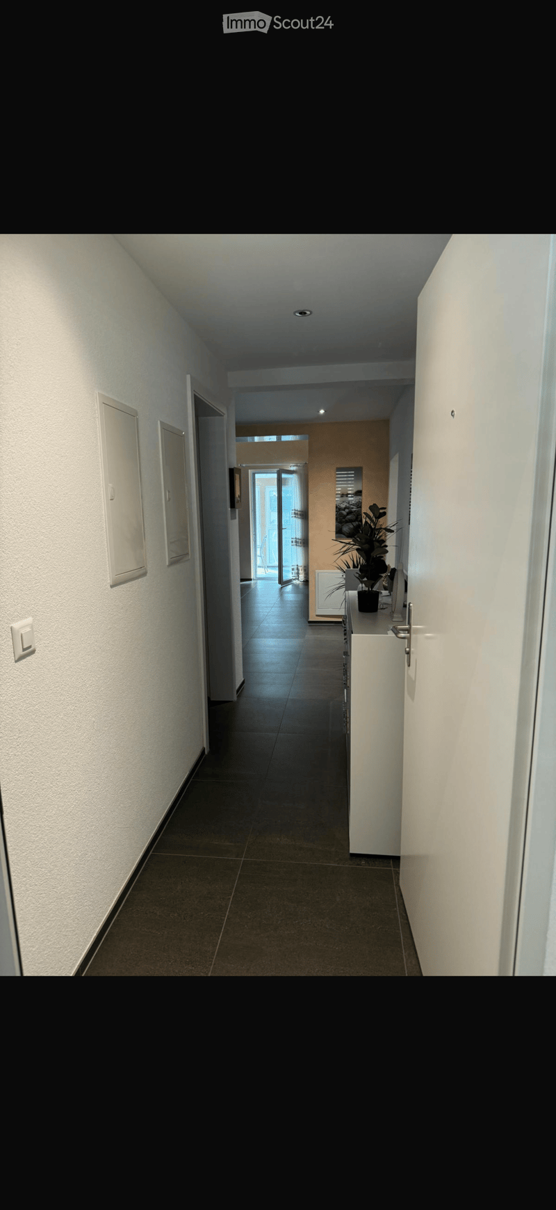 Clean, modern hallway with tiled flooring, white walls, and recessed lighting. Features a small console table with a potted plant and a mirror on the wall.