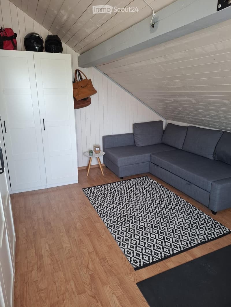 Cozy attic room with wooden floors, slanted ceilings, grey sectional sofa, small round table with a plant, patterned rug, and white cabinet.