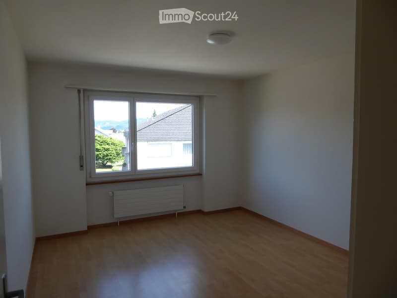 Empty room with wooden flooring, white walls, large window with view of neighboring house, radiator, and ceiling light fixture.