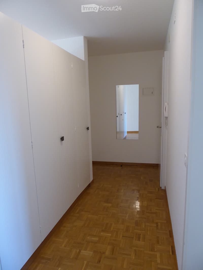 Empty hallway with wooden flooring, white walls, and a mirror on one wall. The hallway leads to another room with a visible door.