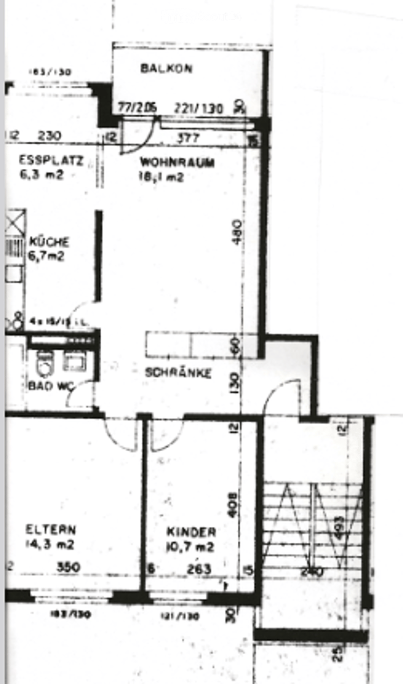 Floor plan of a 2-bedroom apartment with a balcony, living room, kitchen, and bathroom.