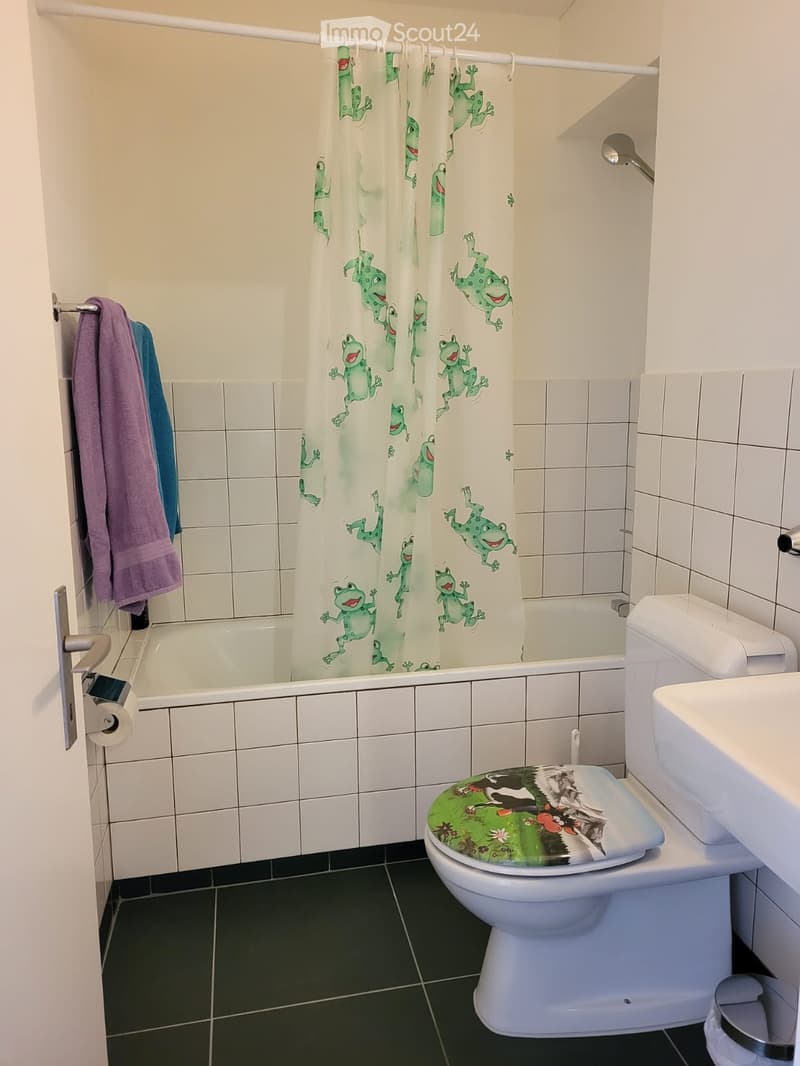 Bathroom with white tiles, a bathtub, a toilet with a decorative seat cover, a sink, and a shower curtain featuring green frogs.