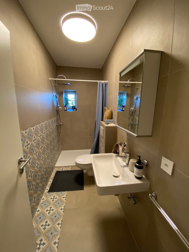 Modern bathroom with white toilet, white sink, mirror, shower, blue shower curtain, ceiling light