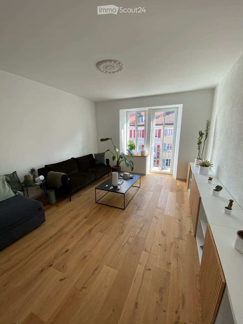 living room with wooden floor, large couch, center table, sliding doors, large window, several plants