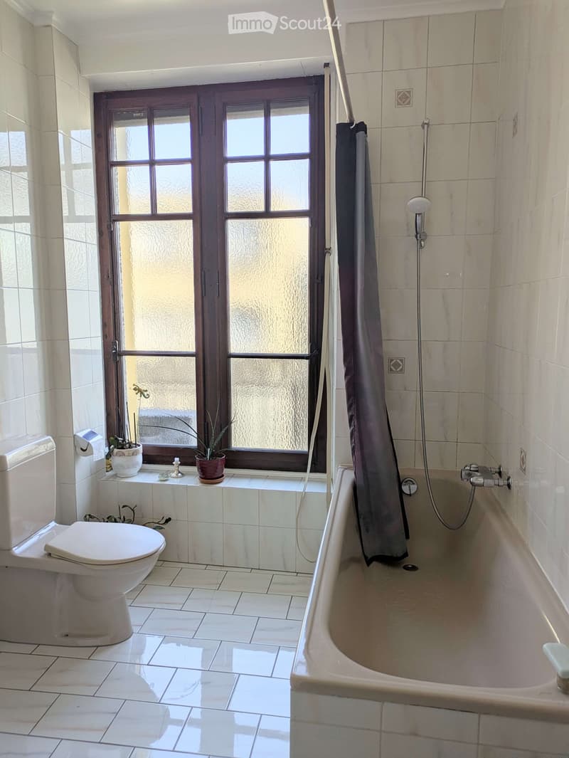 Bathroom with a toilet, bathtub, showerhead, and a window with plants on the sill.