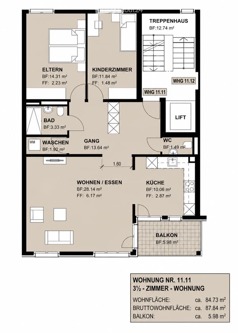 Floor plan of a 3.5-room apartment with living/dining area, kitchen, balcony, bedroom, children's room, bathroom, hallway, and staircase.
