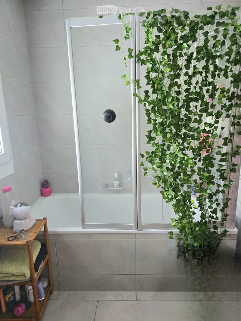 Bathroom with a bathtub, shower, towel rack, and decorative plant on the wall.