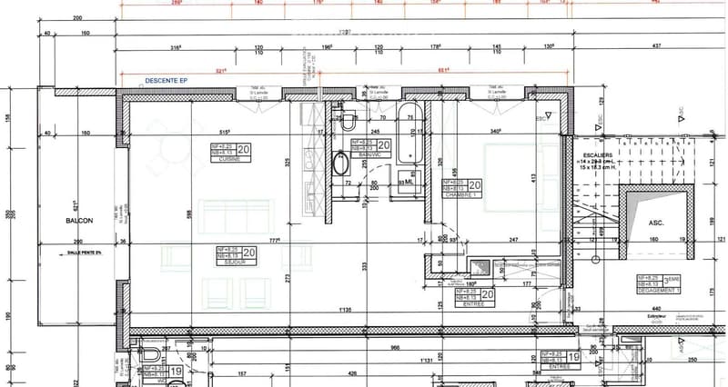 Floor plan of a residential space featuring a kitchen, living room, bedroom, entrance, and staircase. Includes labeled dimensions and room numbers.