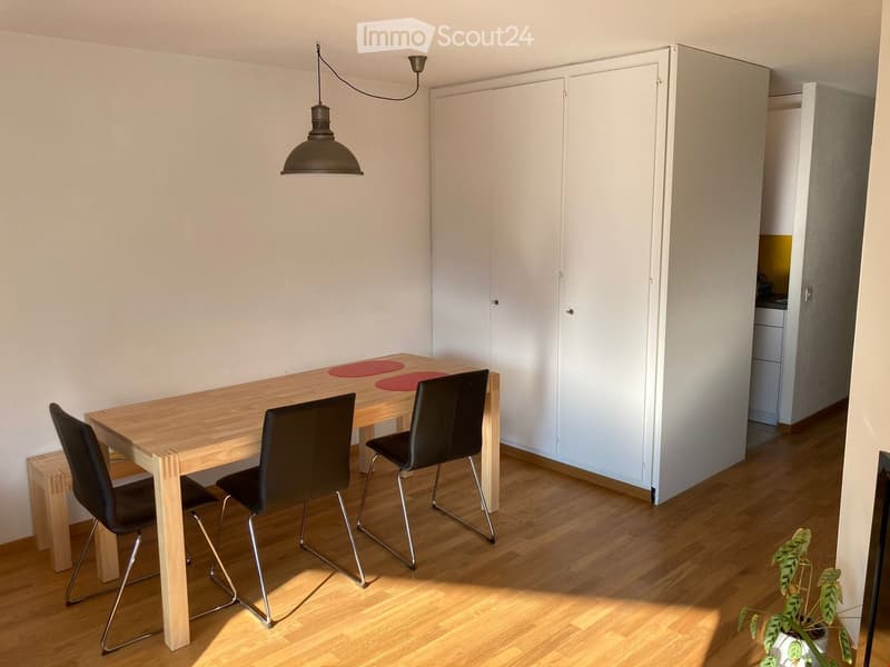 wooden dining table, white built-in wardrobe, dining chairs, wooden plank bench, pendant light