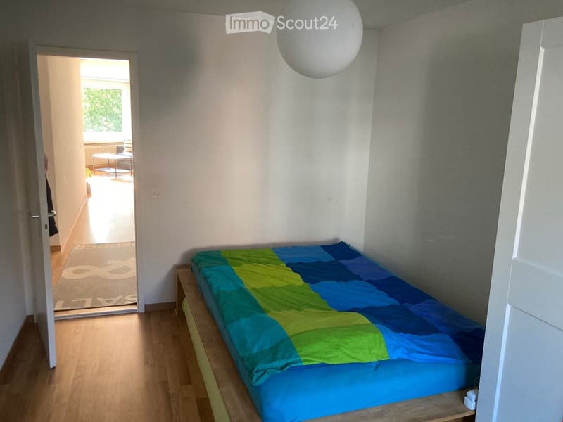 Empty bedroom with single bed, wooden floor, white walls, rug, large window, spherical light