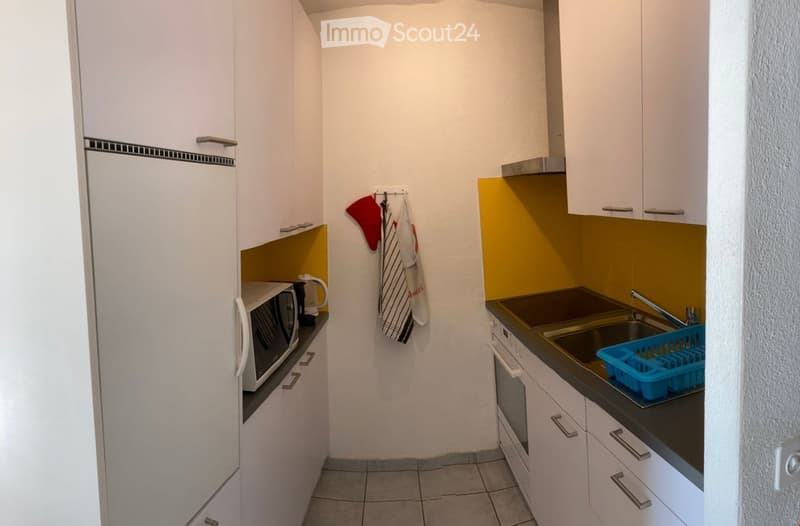 Compact kitchen with white cabinets, grey tiled floor, sink with dishwasher, refrigerator, microwave, wall-mounted towel rack, and a towel hanging