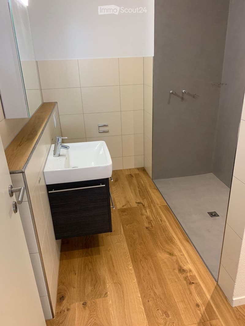 Modern bathroom with a white sink, chrome faucet, wooden cabinet, and a glass-enclosed shower area.