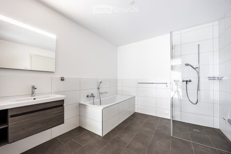 Modern bathroom with white tiles, a bathtub, a sink with a dark wooden cabinet, a glass-enclosed shower, and a large mirror above the sink.