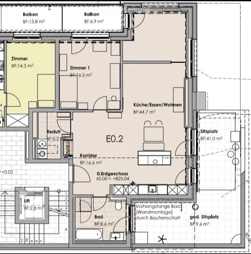 Floor plan showing a multi-room layout including a kitchen/dining/living area, two bedrooms, a bathroom, a hallway, a balcony, and a storage area.
