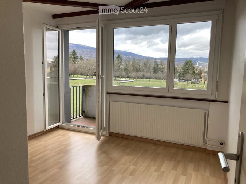 Empty room with wooden flooring, large windows offering a scenic view, and a radiator along the wall.