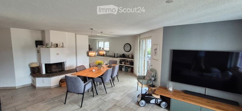 Open-plan living and dining area with a fireplace, dining table, chairs, television, and kitchen area in the background.
