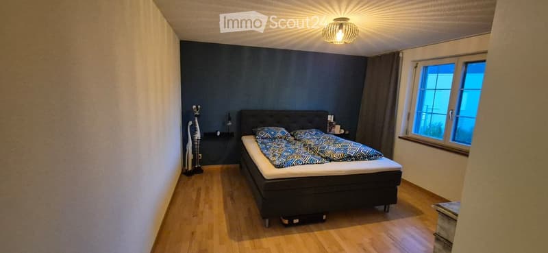 Modern bedroom with wooden flooring, dark blue accent wall, large window with curtains, and a bed with patterned bedding.