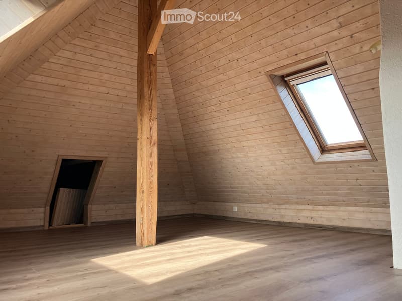 Empty attic space with wooden walls, ceiling, and floor, featuring a skylight window and a small opening to another area.