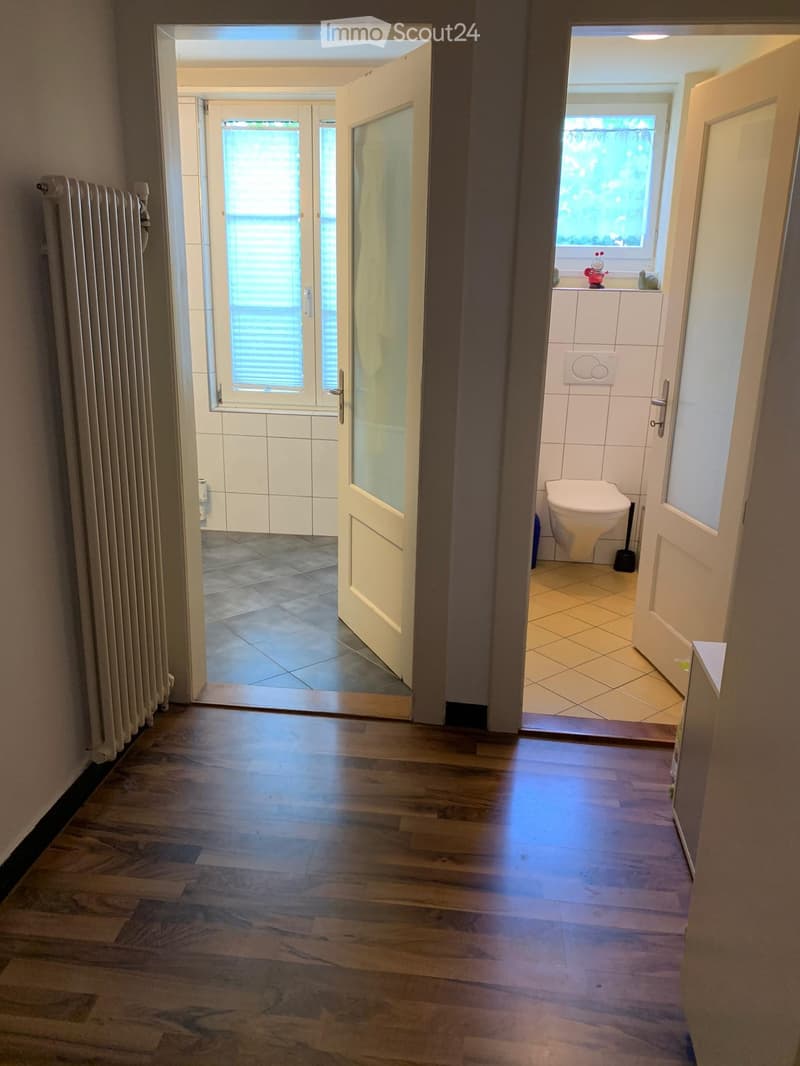 Hallway with wooden flooring, leading to a bathroom and another room with tiled flooring and a window. Radiator visible on the left wall.
