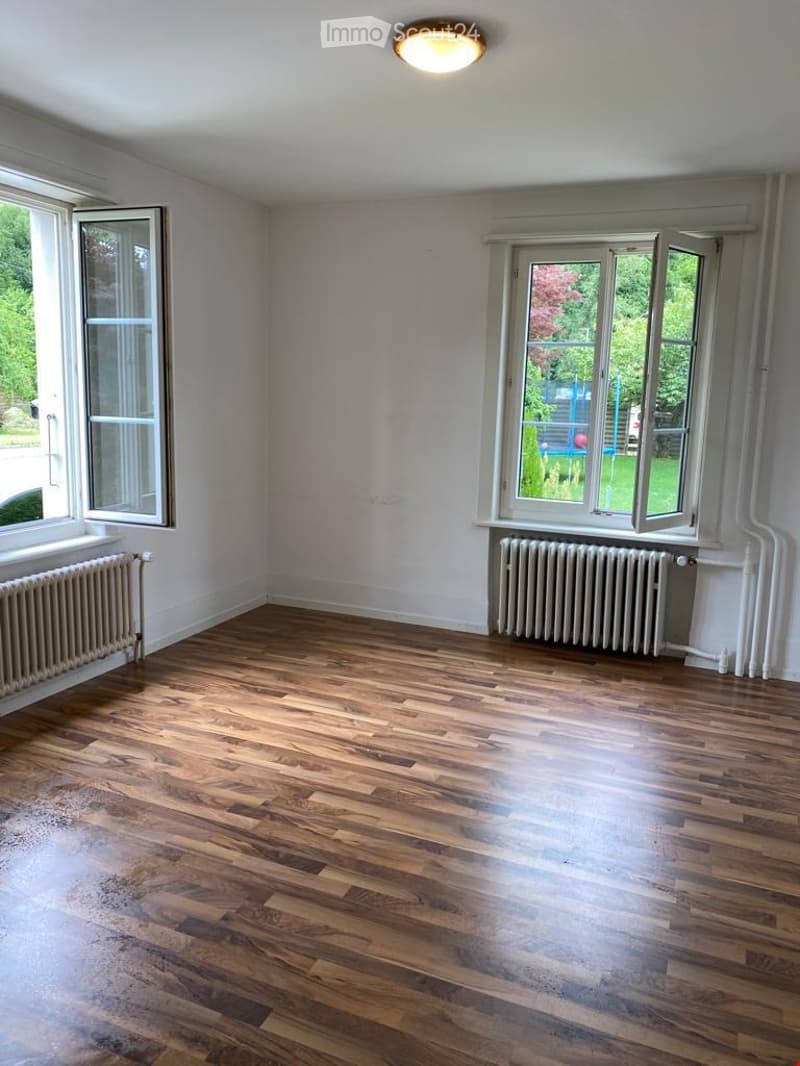 Empty room with wooden flooring, white walls, large windows, and radiators.