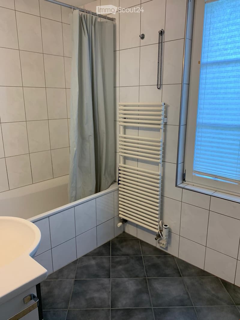 Modern bathroom with a bathtub, radiator, and shower curtain. The walls are tiled, and there is a window with blinds.