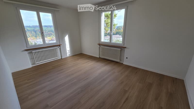 Empty room with wooden flooring, white walls, and large windows offering a scenic view. Radiators are present under the windows.