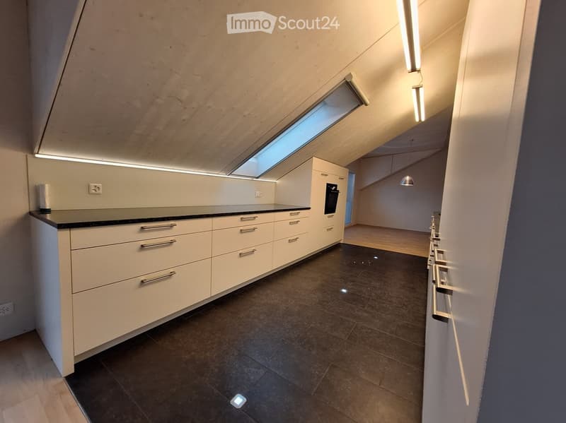 Modern kitchen with white cabinets, dark countertop, and built-in oven. Features a skylight and recessed lighting.