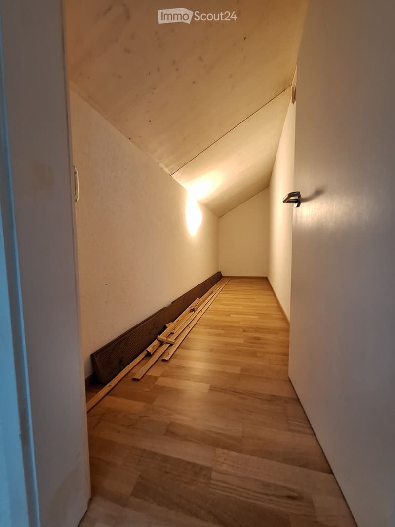 Empty hallway with wooden flooring, white walls, and a slanted ceiling. A small light fixture is mounted on the wall, and a wooden plank leans against the wall near the entrance.