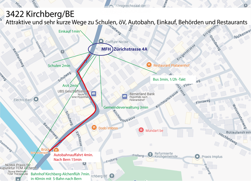 Map showing location at3422 Kirchberg/BE, Zurichstrasse 4A, with nearby amenities including schools, public transport, shops, restaurants, and highway access.